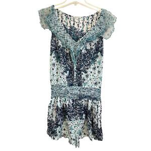 Poupette St. Barth Sleeveless Romper Size Medium Sheer Ruffle Blue Green Coverup
